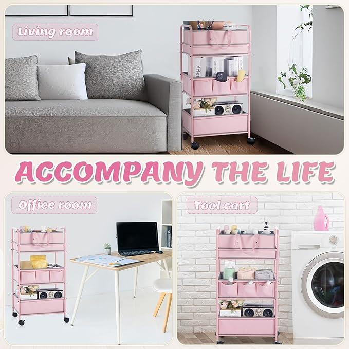 Honeydak 2in1 Baby Diaper Caddy Organizer Cart 3 Tier Large Capacity Metal Utility Bedside Rolling Cart with Divider Newborn Registry Nursery Essential Must Have Crib Bedroom Baby Shower(Pink)