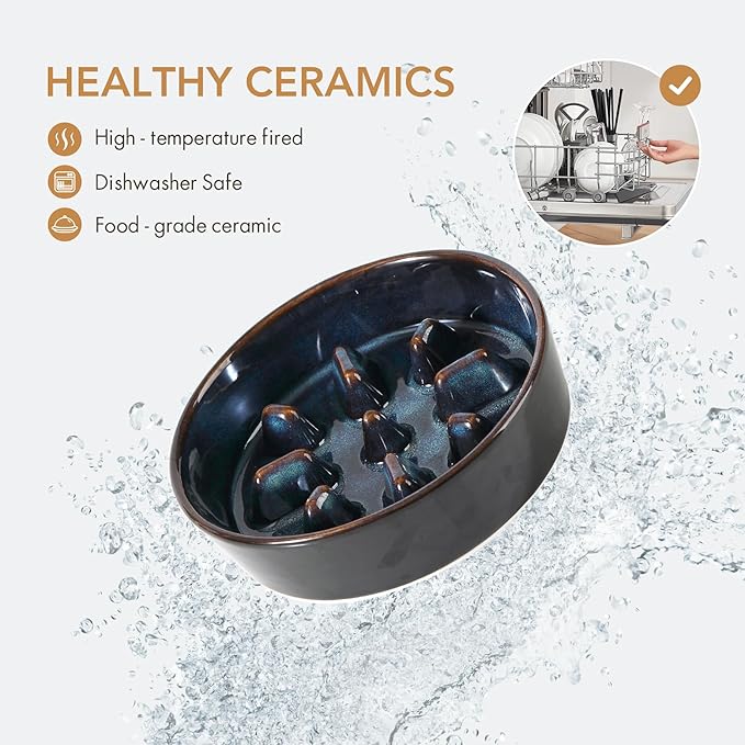 Ceramic 0.9 Cup Raised Slow Feeder Dog Food and Water Bowl Set, Elevated 6.1inch Bowl and 6.1inch Dish with Acacia Wood Stand for Small Dogs (2 x Starry Sky+ Stand)