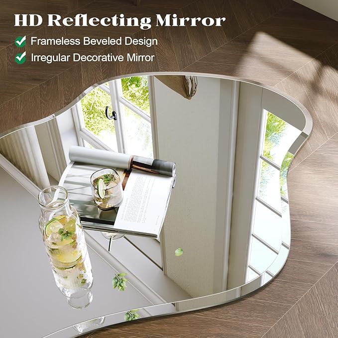 Irregular Wall Mirror, 22”x38” Frameless Asymmetrical Mirror, Beveled Frameless Funky Wavy Wall Mirrors for Entry Way Modern Bathroom Bedroom Living Room