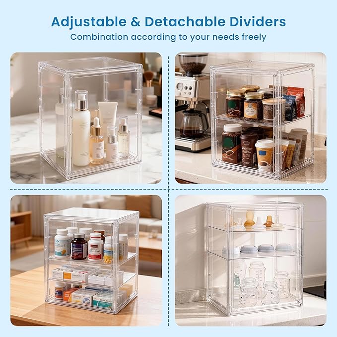 Baby Bottle Storage Organizer - 3 Tier Acrylic Storage Containers with 2 Removable Dividers, Clear Adjustable Baby Bottle Station Organizer for Countertop Cabinet, BPA-Free (3 Layer, Clear)