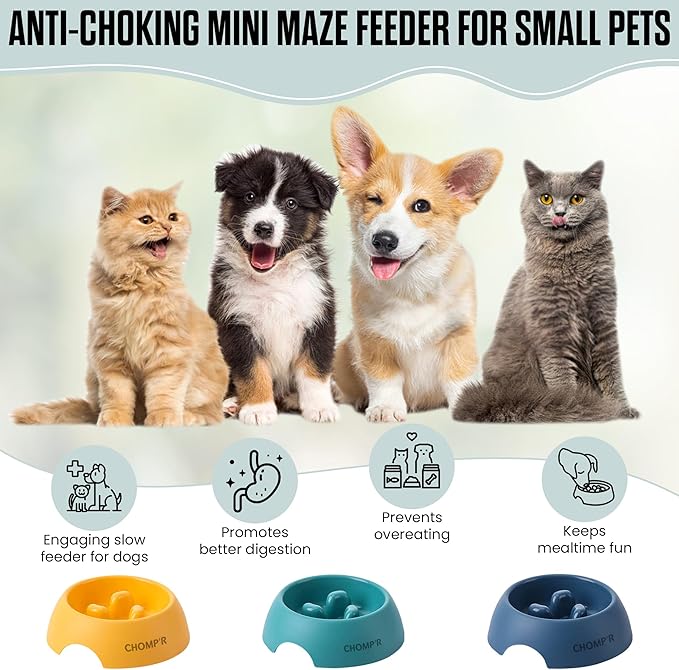 CHOMP'R Slow Feeder Dog Bowl for Small Breeds, Food Grade Interactive Puzzle Feeder, Non Slip Bowl to Slow Down Eating, Anti-Choking Mini Maze for Small Dogs Cats Puppies, Blue