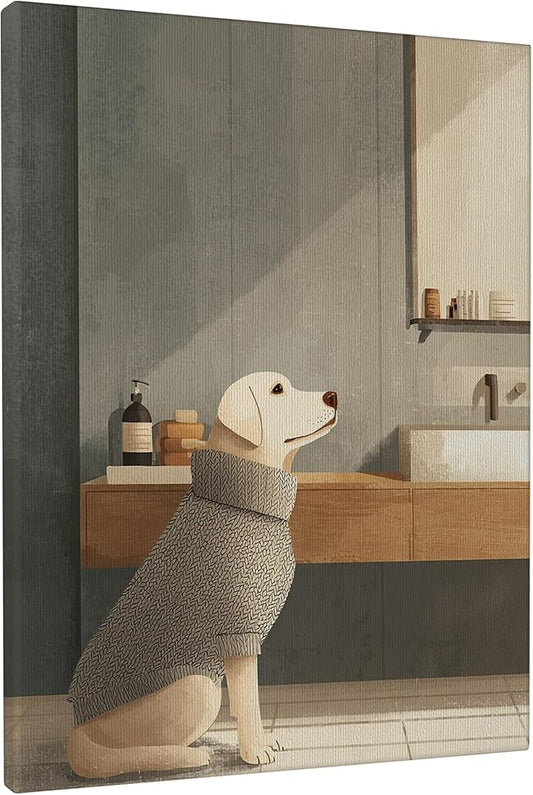 Cozy Dog Canvas Wall Art, Beige Gray Minimalistic Animal Decor, Autumn Aesthetic Home Decoration for Living Room, Bedroom, Bathroom, Wrapped Canvas 8x10 Inch