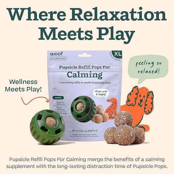 Woof Pupsicle Calming Starter Kit - Pupsicle and Calming Pops Bundle - Long-Lasting Interactive Dog Toy, Low-Mess Design - 10 Refills with Thiamine, Tryptophan, Passion Flower for XL Dogs 75 lbs and U