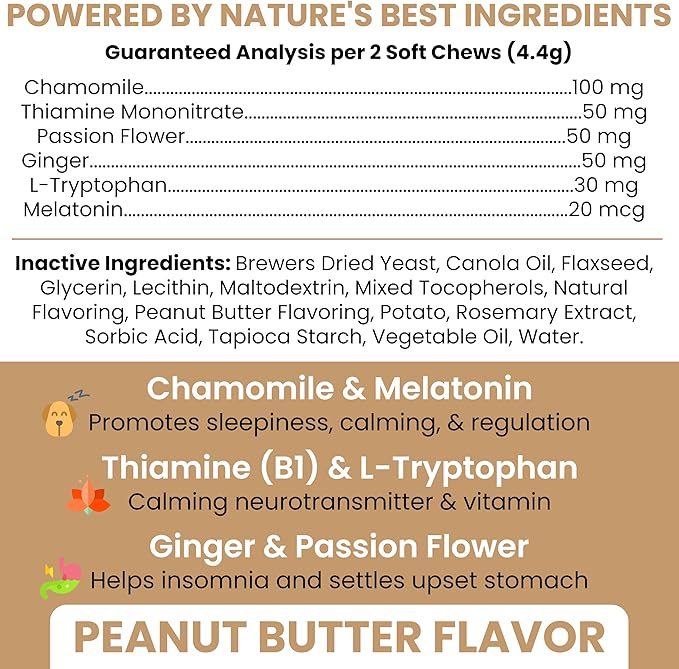 Calming Chews for Dogs - 30 Peanut Butter Melatonin Dog Sleep Aid & Calming Dog Treats with Thiamine, L-Tryptophan & Ginger
