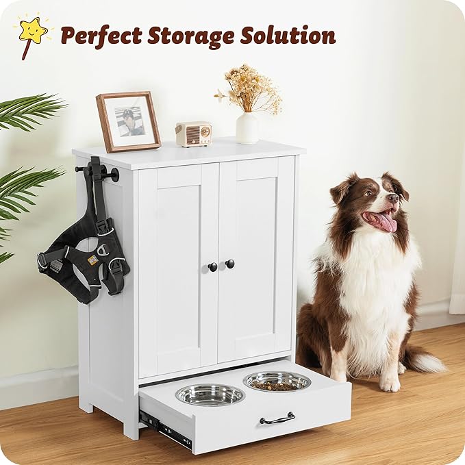 ALINE FURNITURE Dog Feeding Station with Storage Cabinet and 2 Elevated Dog Bowls, Hidden Pet Feeder Station Wood, Dog & Cat Storage Organizer, White