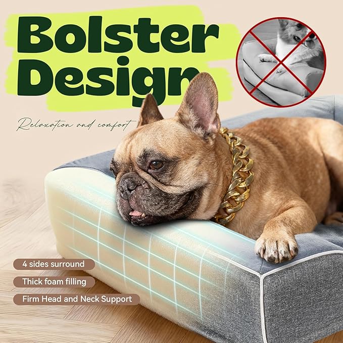 Memory Foam Dog Beds Medium Sized Dog with Removable Bolsters & Washable Cover,Orthopedic Pet Beds Eggshell Foam Infused with Cooling Gel Waterproof Relieves Joint Pain,28"x23"x6.5"Dark Grey