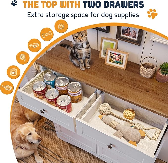 Double Tilt Out Trash Can Cabinet with Dog Bowl, 2 * 13 Gallons Dog Food Storage Cabinet, Hidden Trash Can Cabinet with Hideaway Drawer for Kitchen, Living Room (White, Double Door)