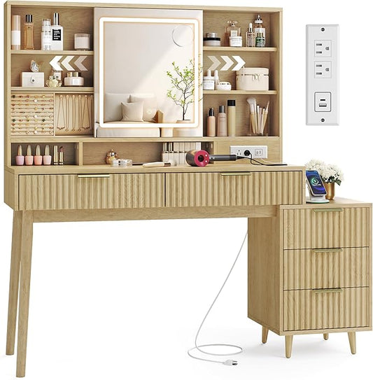 VASAGLE MAXE Collection - Vanity Desk with Sliding Mirror and Lights, Mid Century Modern Fluted Makeup Vanity with 10x Magnifying Mirror, Charging Station, Jewelry Storage, Oak Beige URDT139YC01S