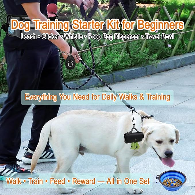 Dog Training Starter Kit for Beginners, 5-Piece Puppy Training Set with Reflective Leash, Clicker, Adjustable Whistle, Collapsible Slow Feeder Bowl and Poop Bag Holder, New Dog Owner Essentials
