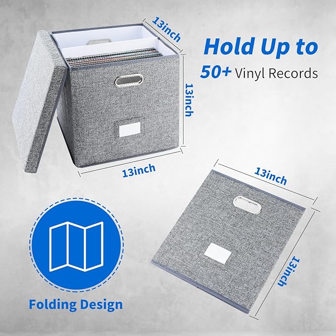 Vinyl Record Storage Box Set of 2 - Album Storage Holds 100+ Single Records, Decorative LP Storage Organizer Crate with Lid, Sturdy Moving Boxes for Records