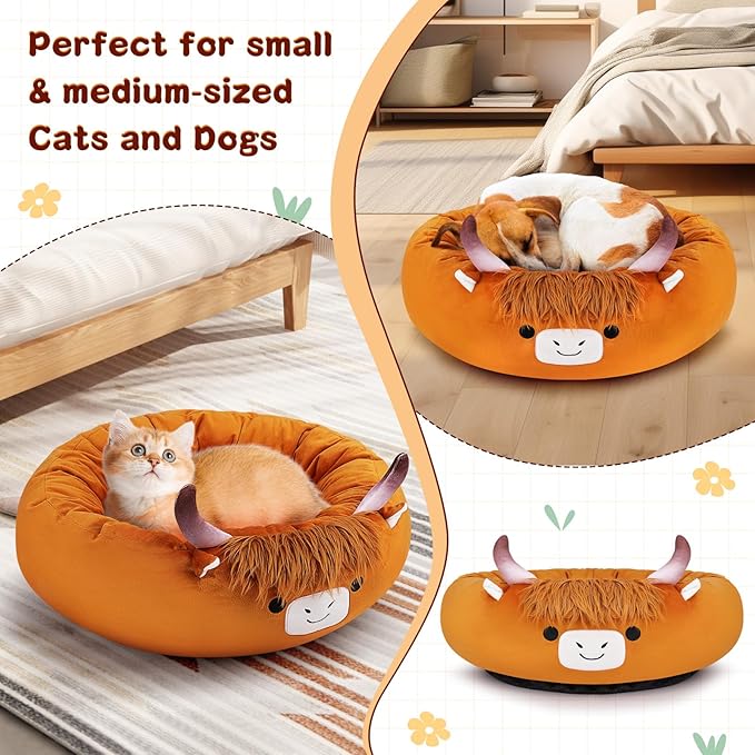Highland Cow Heated Cat Bed - Cute Round Dog Bed for Winter, Warming Pet Bed for Indoor Cats & Small Dogs, Washable Calming Nest with Heating Pad & Timer, Cow Pet Heating Pad for Cats and Dogs