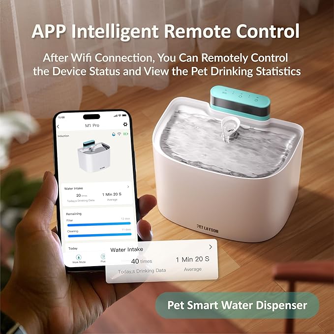 PET LAYSON Pumpless Cat Water Fountain,App Remote Control Smart Cordless Battery Operated 3.6L/122oz Wireless 2.4GHz Wi-Fi Networks Rechargeable Water Dispenser (Pink, M1Pro-2 Filter)