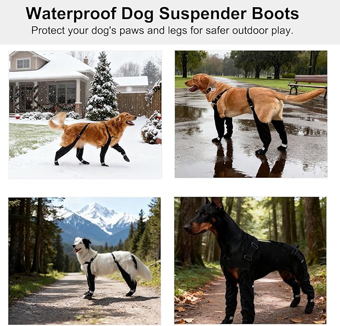 Dog Suspender Boots, Waterproof Tall Shoes Legging for Medium Large Dog, Dog Adjustable Suspender Boots for Winter Snow Rain Hiking Paws Protector
