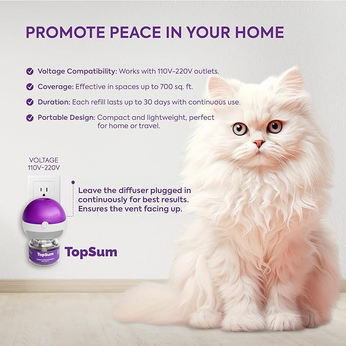 TopSum Cat Calming Pheromone Diffuser: Feline Pheromones Plug in for Stress, Along At Home, Spraying, Fighting, Scratching, Aggression & Excessive Meowing (Purple– 4 Refills New)