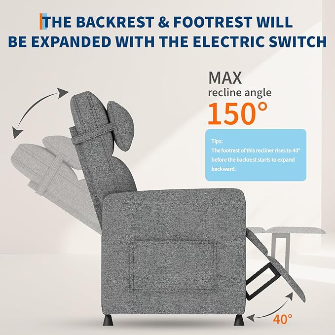 GarveeHome Recliner Chair Living Room Electric Recliner Adjustable Power Reclining Chair for Adults Home Theater Seating with Side Pockets & USB Port(Gray)