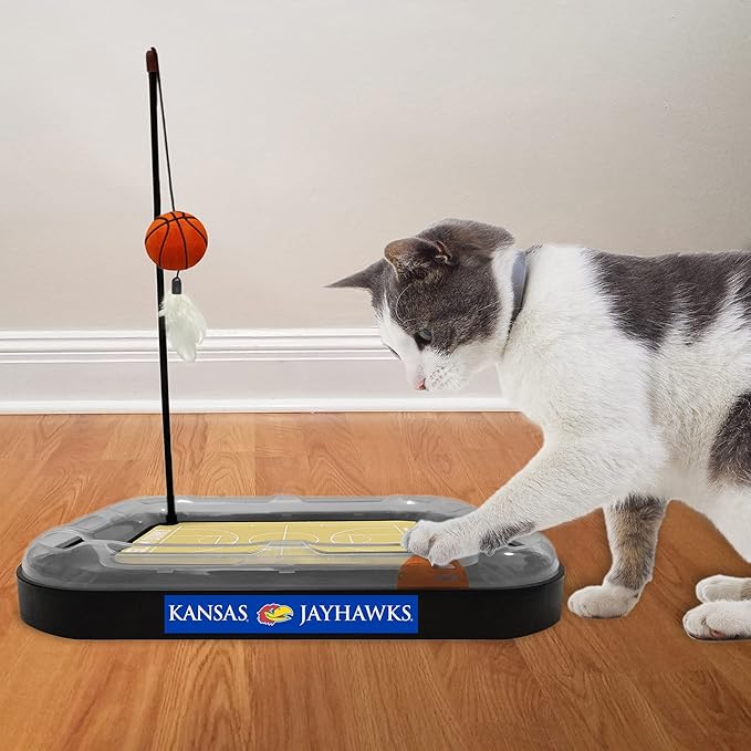 NCAA KANSAS Jayhawks REVERSIBLE Basketball Court Felt Cat Scratcher & 6-in-1 Interactive Cat Wand Poll Toy - Catnip-Filled Plush Basketball & Feathers
