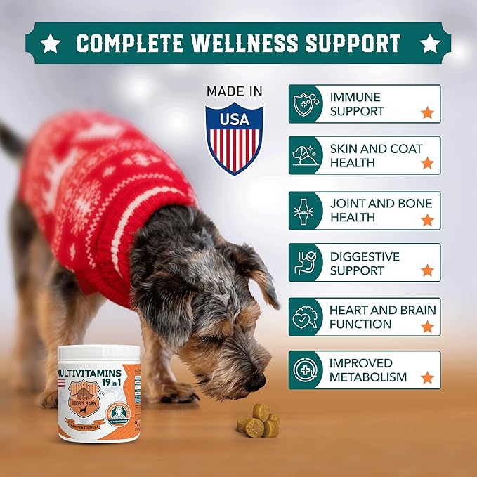 Old Dog's Barn Multivitamins 19 in 1 for Dogs – Glucosamine, Salmon Oil, Cranberry Powder, Hemp Seed Oil (Omega 6), MSM, Chondroitin, Vitamin C, Probiotics, Zinc & Folic Acid 120 Soft Chews