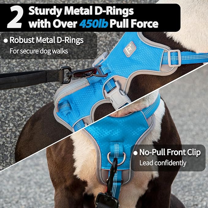 Huntboo Escape Proof Dog Harness, Escape Artist Harness, Reflective Harness with Padded Handle, Breathable, Durable, Adjustable Vest for Medium Dogs Walking, Training, and Running Gear (Blue, L)