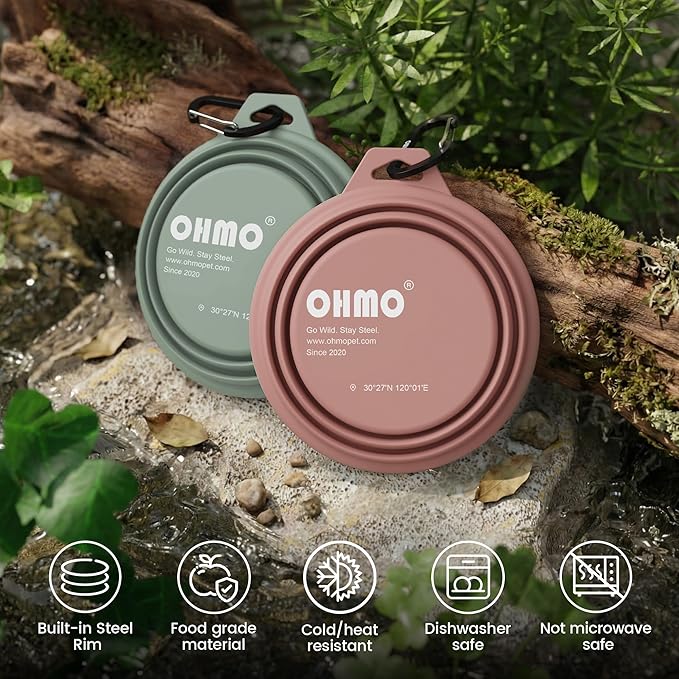 OHMO Collapsible Dog Water Bowls w/Built-in Stainless Steel Ring – 2pcs Small 12oz/400ml Portable Silicone Pet Feeding Bowl for Hiking, Camping, Travel