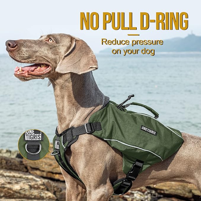 ONETIGRIS Y-Shaped Dog Backpack with Handle, Pockets & No Pull D-Rings, Lightweight Hiking Gear for Dogs Hunting Camping Travel (Large, Green)