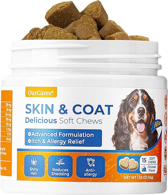 Fish Oil Soft Chews for Dogs, Skin and Coat Chews for Dogs, Dog Fish Oil Treats for Shedding & Itchy Skin, Dog's Daily Supplement, Dog Food Companion, Chicken Flavor（Tester - 15Ct ）