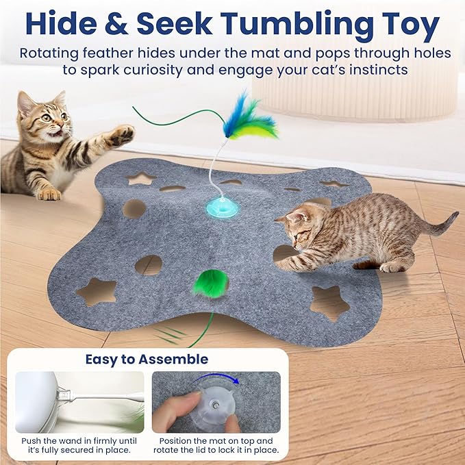 PAWSPIK 3-in-1 Hide & Seek Interactive Cat Toy - Rechargeable Automatic Feather Chasing & Tumbling Peek-A-Boo Exercise Toy for Bored Indoor Cats & Kittens