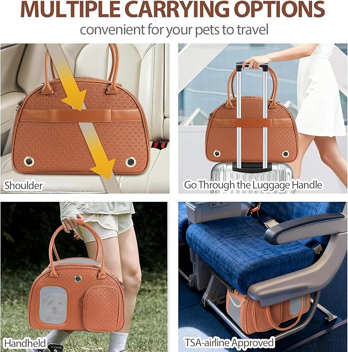 Dog Purse Carrier for Small Dogs, TSA Airline Approved Pet Tote Bag, Fashion Soft-Sided Puppy Carrier Purse with Pockets for Travel, Shopping, Daily Use (Brown, 16.1inch x 8.7inch x 12inch(LxWxH))