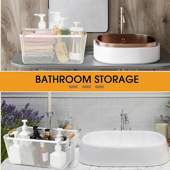 4 Pcs Metal Wire Basket with Wooden Handles Mesh Steel Storage Organizer Bin Containers for Home Cabinet Pantry Closet Kitchen Fridge Fruit Makeup Snacks Gifts(Extra Large,Cream White)