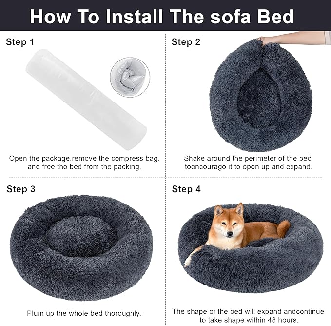 Dog Calming Beds for Small Medium Large Dogs - Round Donut Washable Puppy Dog Bed, Anti-Slip Faux Fur Fluffy Donut Cuddle Anxiety Cat Pet Bed(16" Dark Grey)