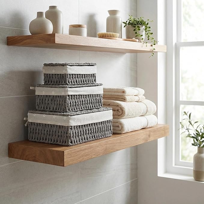 Woven Storage Baskets with Lids, Set of 3, Gray Paper Rope Wicker Bins with Lids & Removable Liners, Stackable Shelf Organizer Boxes for Bathroom Closet Nursery