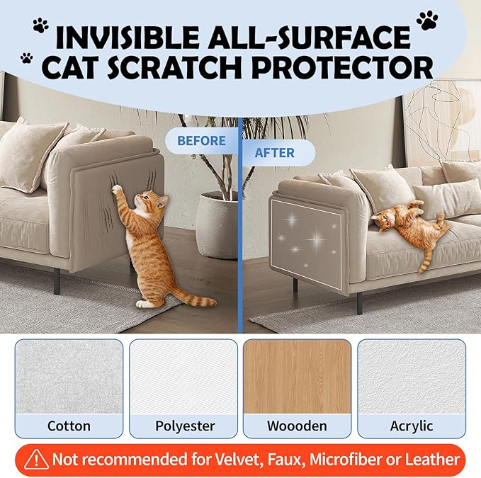 Cat Scratch Furniture Protector Set, Single-Sided Couch Protector from Cats Claws, Cat Anti Scratch for Furniture, Cats Scratching, Couch, 2 Rolls(196.8"X15.8" + 118.1"X7.9") with 50 Twist Pins