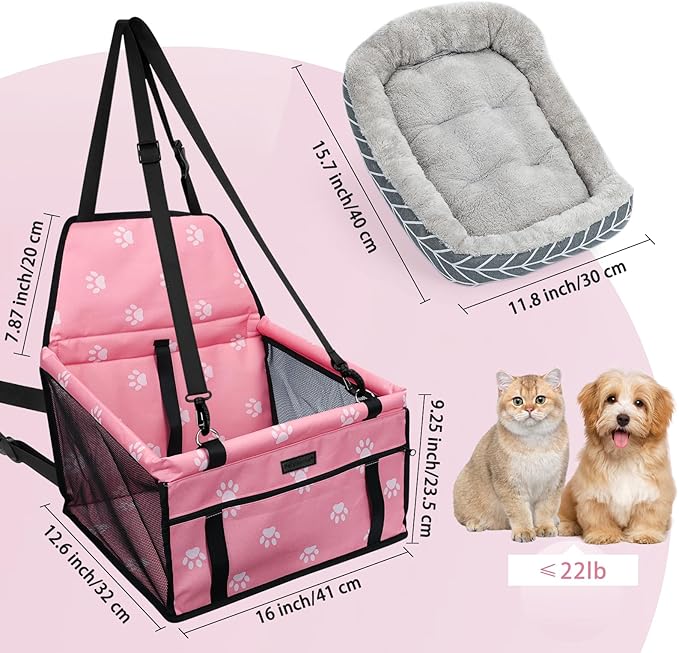 PetsHome Dog Car Seat Foldable Dog Car Booster Seat Waterproof Breathable Oxford Travel Bag for Small to Medium Dogs, Puppies, and Pets-Footprint Pink+Mat