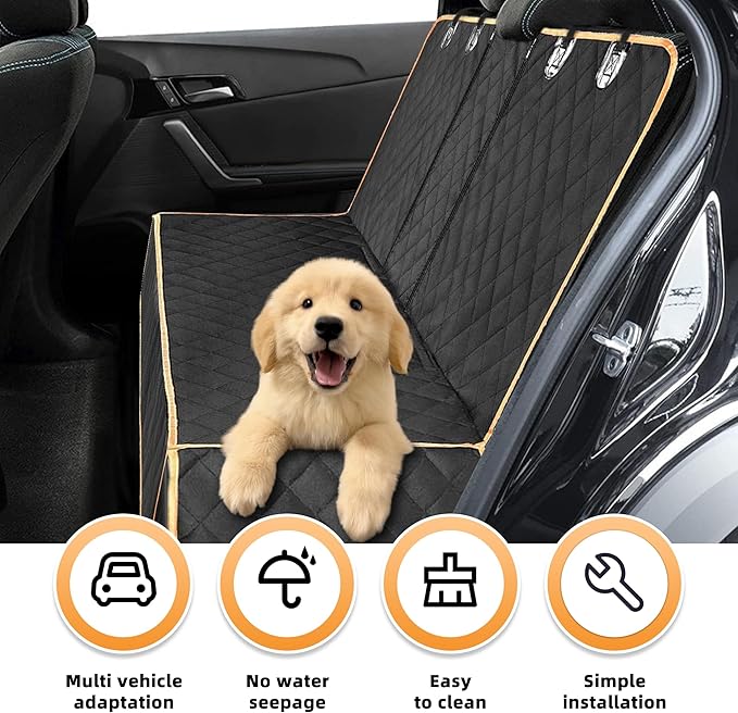 Dog Car Seat Cover for Back Seat, Nonslip Waterproof Bench Seat Pad, Durable Pet Backseat Protector Compatible for Armrest & Seat Belt, Universal for Most Cars (Black/Orange)