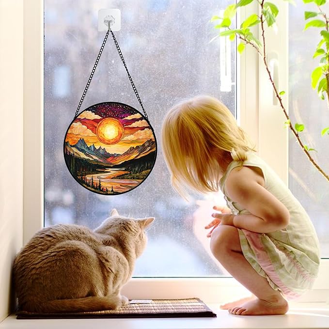 Stained Glass Window Hanging, Dusk Sunset Landscape Sun Catchers Glass Panel Lakes and Mountains Suncatcher Decor for Birthday for Women, Men, Wife, Aunt, and Mom 6.3 in