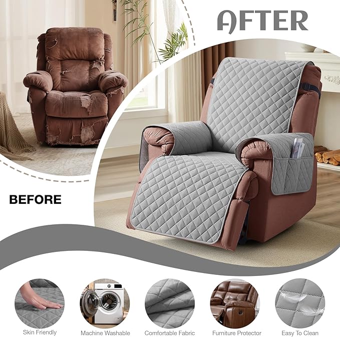 KinCam 100% Waterproof Recliner Chair Cover, Reclining Couch Covers for Pets, Dogs, Recliner Couch Slipcover Furniture Protector with Elastic Straps for Kids(30", Light Gray)
