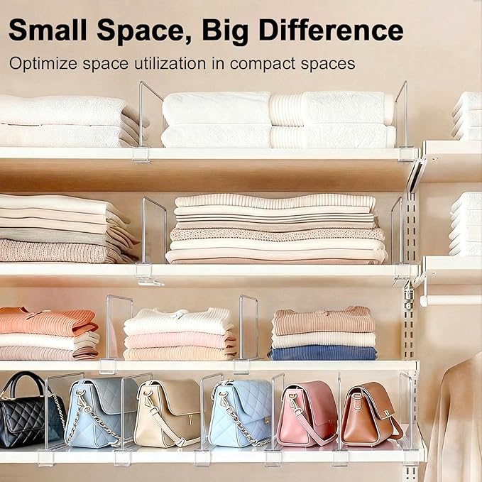 Shelf Dividers Purse Organizer for Closet: 6-inch Tall(Shorter Version) Acrylic Handbag Organizer - Small Space Separator for Clutches Evening Bags Pouches Mini-Bags on Wood Shelves 8-Pack