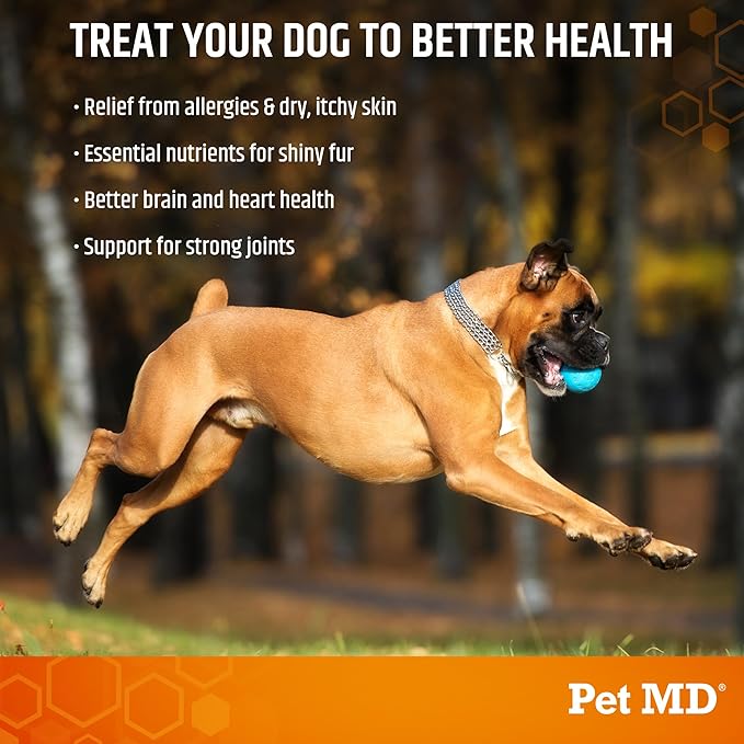 Pet MD Salmon Omega Bites for Dogs - Skin and Coat Supplement with Omega 3 & 6 for Dogs Plus DHA & EPA - Promotes Allergy & Dry Skin Relief - 60ct