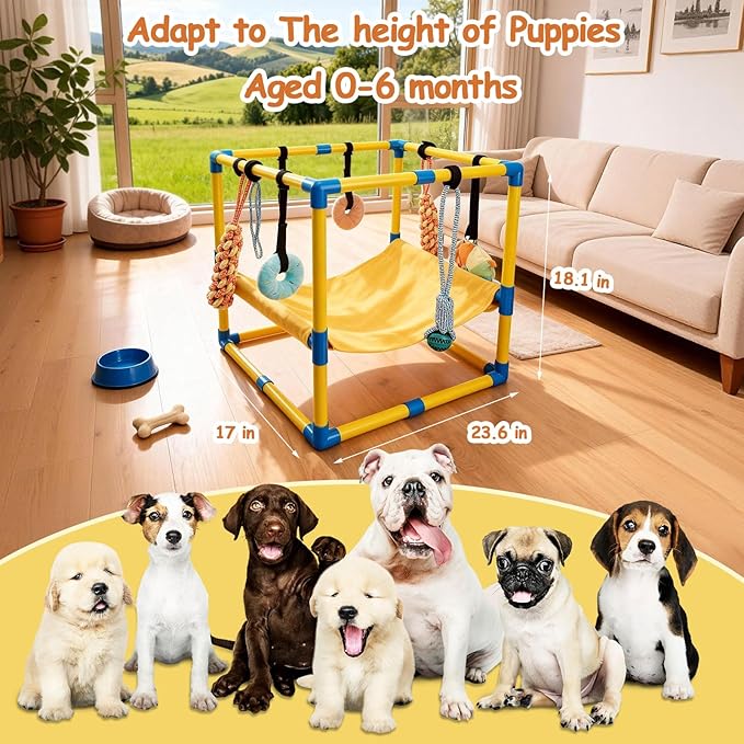 Puppy Play Gym with 8 Hanging Toys, Indoor Puppy Jungle Gym with Interactive Dog Enrichment Toys.PVC Frame with Small Dogs Hammock Enrichment Activity Center