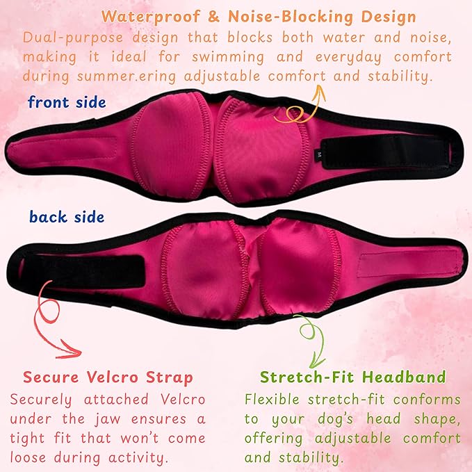 Dog Ear Covers for Swimming Head Cap, 16.54 in Waterproof Ear Protector for Bathing Drying Noise Anxiety Relief, Adjustable Ears Shower Cap, Wrap for Dogs, Puppy Swim Caps Dog Bath Supplies (Pink, M)