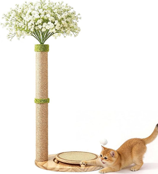 Cute Babys Breath Flower Cat Scratching Post, 39" Tall Cat Scratcher, Interactive Cat Toys with Ball Track & Spring Ball, Cat Scratch Post with Pad for Indoor Cats Adults and Kittens