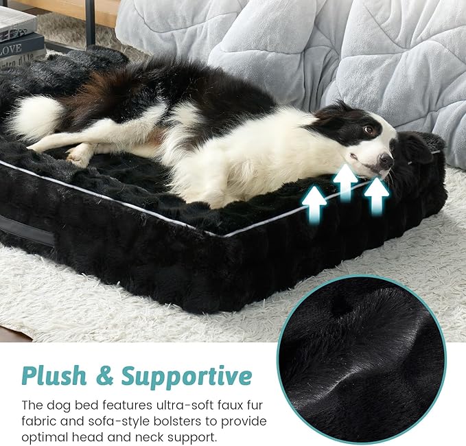 Faux Fur Orthopedic Dog Bed, Large Dog Bed, Supportive Foam Pet Sofa with Waterproof Lining Cover, Washable U-Shaped Pet Couch with Anti-Slip Bottom Design, Black XL 42x30x7 inch