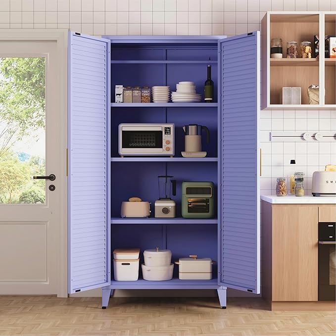 Pantry Cabinet with 3 Adjustable Shelves, 4-Tier Freestanding Kitchen Storage Organizer, Multi-Function Storage Unit for Kitchen, Living Room, Home, Purple 61" H X 27.6" W X 13.8" D