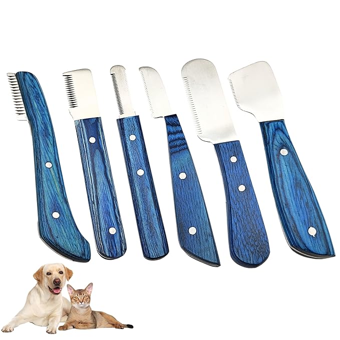 Professional Dog Grooming Stripping Knife Kit – 6-Piece Pet Grooming Tool Set with Stainless Steel Blades & Wooden Handles for Undercoat Removal, Deshedding, Coat Thinning Natural (Blue)