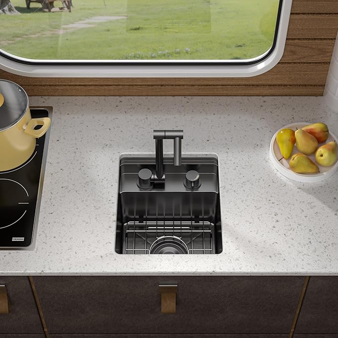 13"x15" Small RV Kitchen Sink – 16 Gauge 304 Stainless Steel Gunmetal Black NANO-PVD Undermount Single Bowl Basin with Foldable Faucet, for RV, Outdoor Camper, Mobile Home, Wet Bar