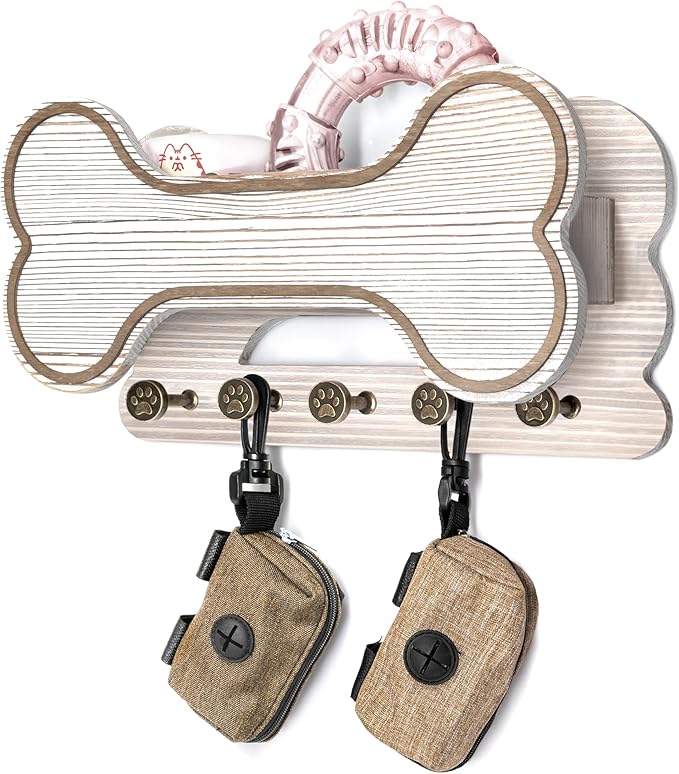 Decorative Dog Leash Holder for Wall - Creative Doggie Bone Shape Key Holder Wall Mount with Dog Stuff Storage Shelf & 5 Cute 3D Puppy Paw Hooks - Ideal for Room Decor (White)