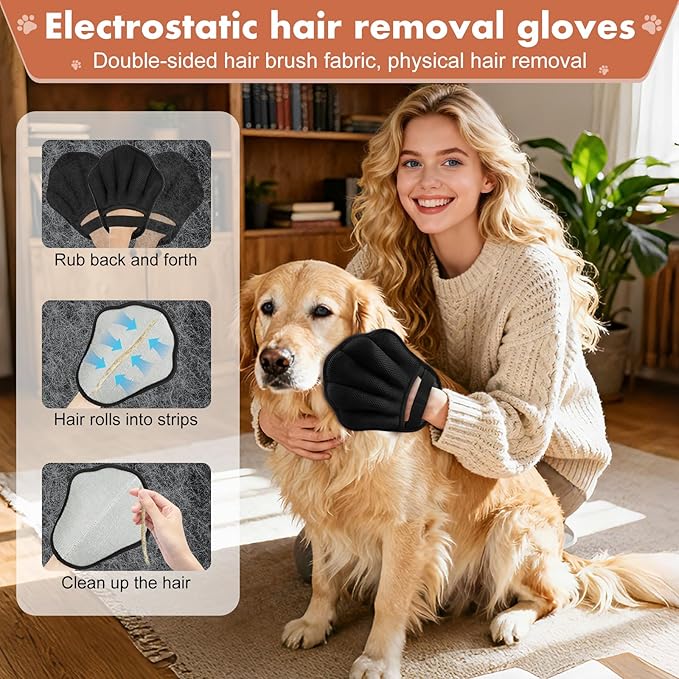 Pet Hair Removal Glove, Electrostatic Pet Hair Remover Glove for Cats & Dogs, Hair Remover Tools for Couch, Carpet, Clothing, Car Seat - Upgraded Five-Finger, Reusable, Black+Black