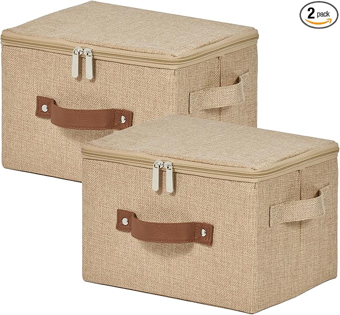 2 Pack Storage Bins with Zipper Lid Cotton Linen Fabric Lidded Storage Baskets Boxes Foldable Washable Closet Shelf Clothes Organizer Container with PU Leather Handles (Linen, Small)