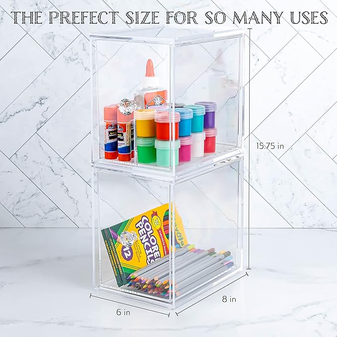 Oizeir Clear Drawer Organizers - Acrylic, Durable, Stackable, Pull-Out Drawer - Great for Medicine, Cosmetics, Makeup and Bathroom Organization (8" High | 2-PACK)