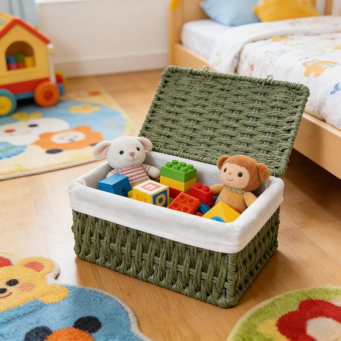 Woven Storage Baskets with Lids, Set of 3, Green Paper Rope Wicker Bins, Stackable Shelf Organizer Boxes for Bathroom Closet Nursery