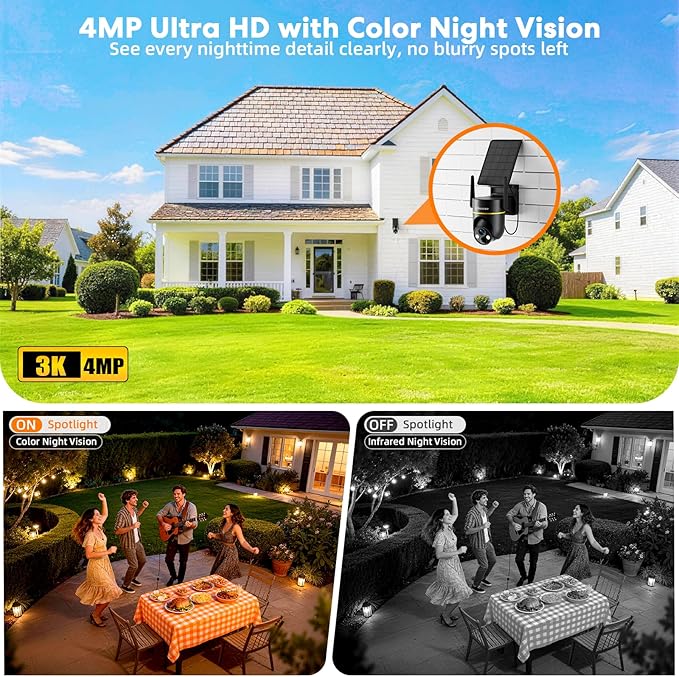 Lybuorz Outdoor Security Camera Wireless Solar Powered, 4MP HD Pan Tilt 360° View, IP65 Weatherproof, WiFi 6 Dual Band, AI Human Detection/Siren, 2-Way Audio, Color Night Vision, SD/Cloud Storage